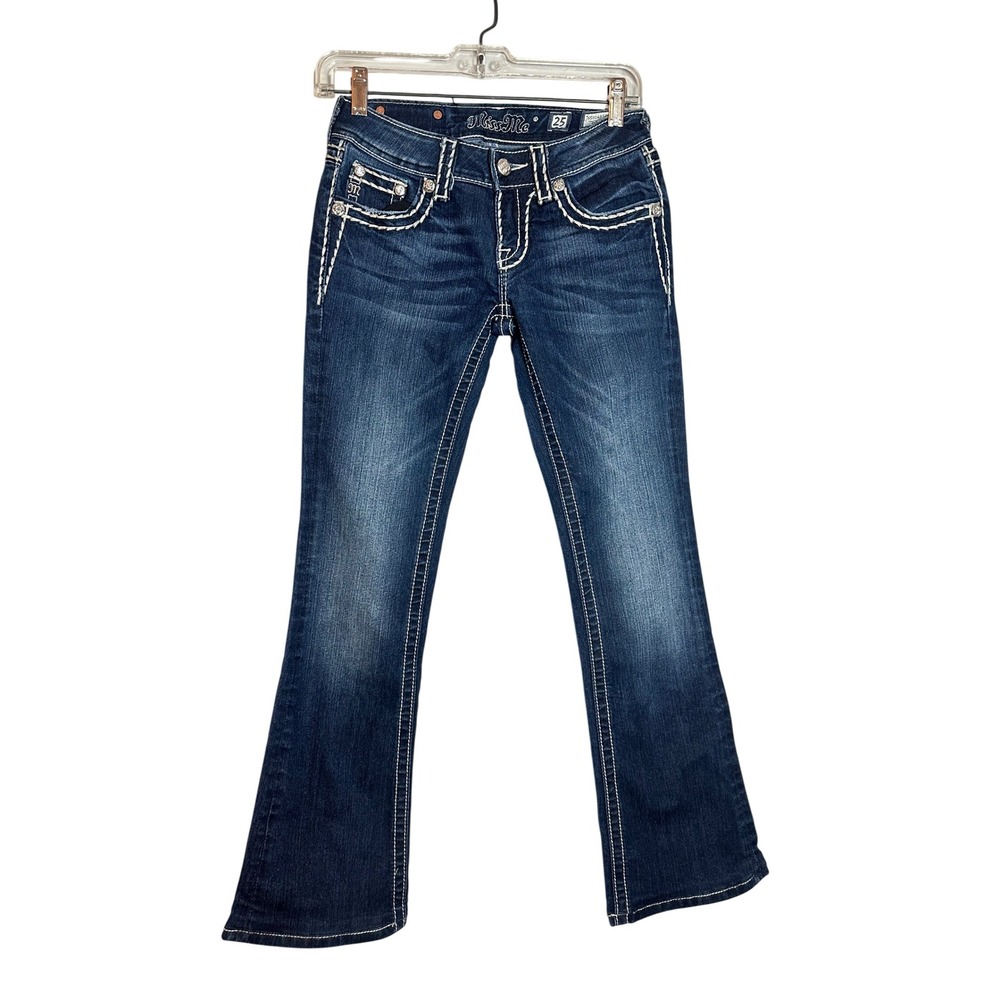 Miss Me Bootcut Jeans Dark Wash White Contrast Stitch Rhinestone Flap Pocket 25